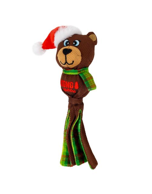 Zijaanzicht van de KONG Holiday Wubba Beer Small met lange bruine en groen geruite stroken