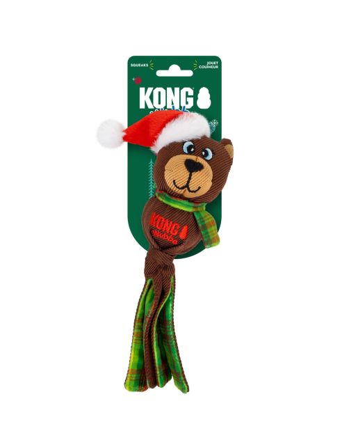 KONG Holiday Wubba Beer Small met kerstmuts op de originele groene KONG-verpakking