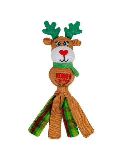KONG Holiday Wubba Rendier Small met groen gewei, rode hartvormige neus en lange speelstroken