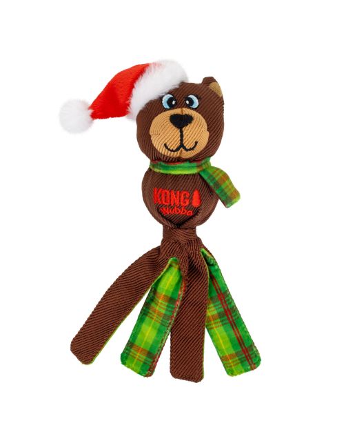 KONG Holiday Wubba Beer Small met rode kerstmuts, groene geruite sjaal en lange speelstroken