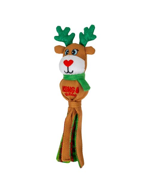 Zijaanzicht van KONG Holiday Wubba Rendier Small met groene sjaal en lange bruine en geruite stroken