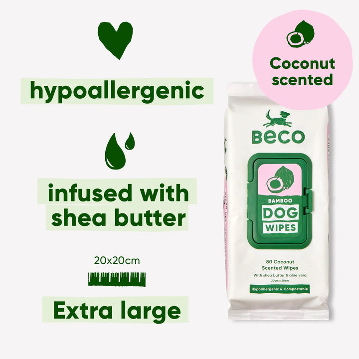 Beco dog wipes - voor modderige pootjes, buikjes en billen - met kokosgeur - 80 doekjes