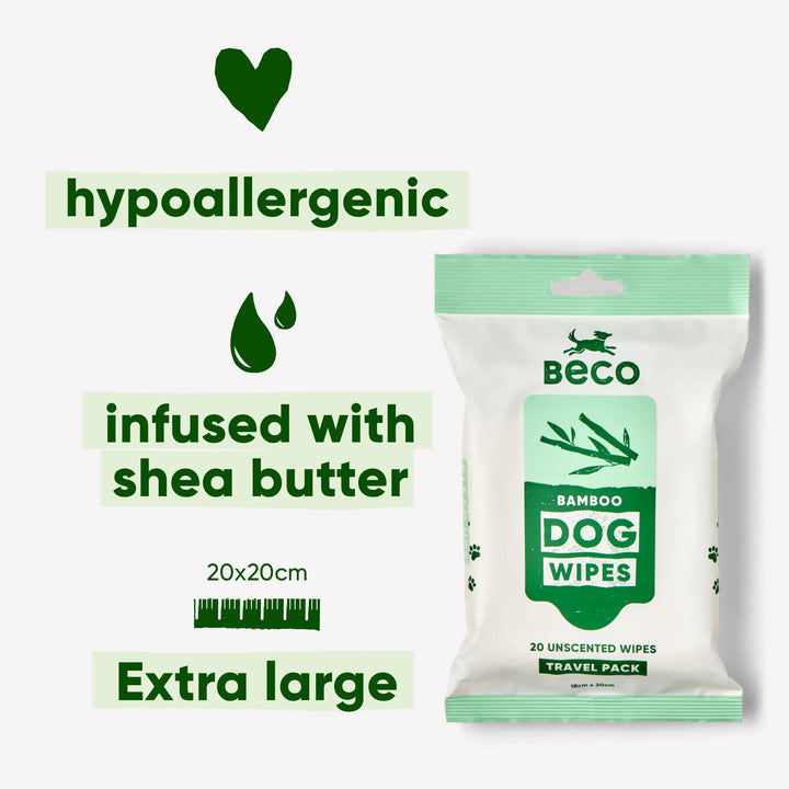Beco Travelsize dog wipes - voor modderige pootjes, buikjes en billen onderweg  - geurloos - 20 doekjes