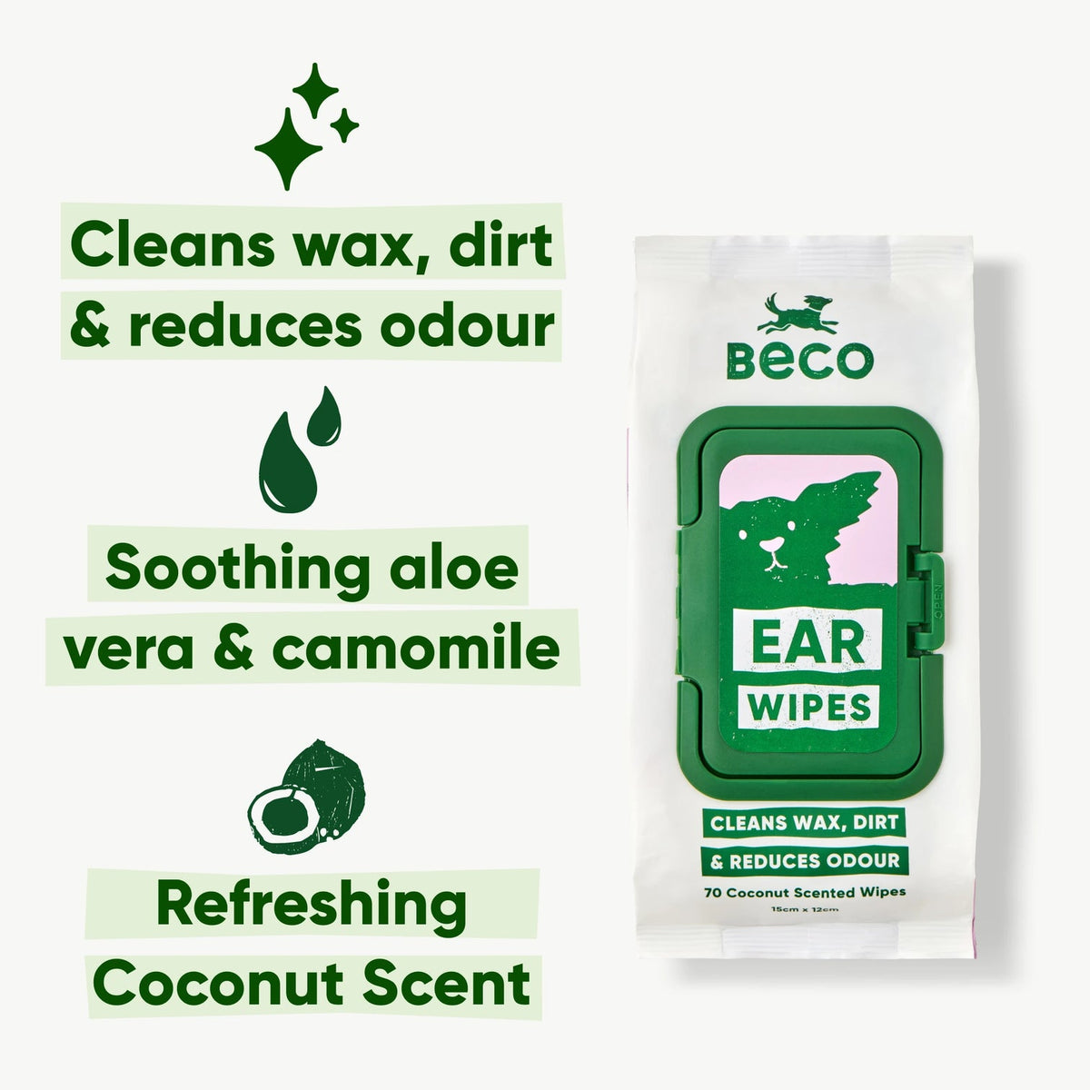 Beco Ear Cleaner cleaning wipes - speciaal ontworpen voor schoonmaken oren honden   - 70 doekjes