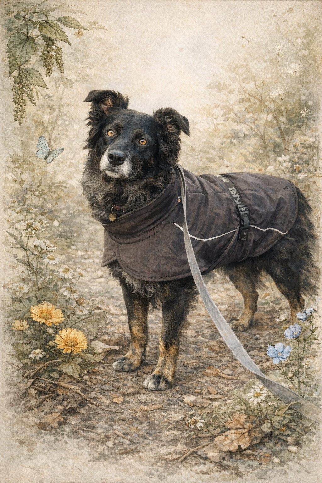 Botanische illustratie van Marley, een zwartbruine hond in een bosrijke omgeving met bloemen en kruiden in vintage aquarelstijl, gebruikt voor de Shop with Marley’s Topper Guide.