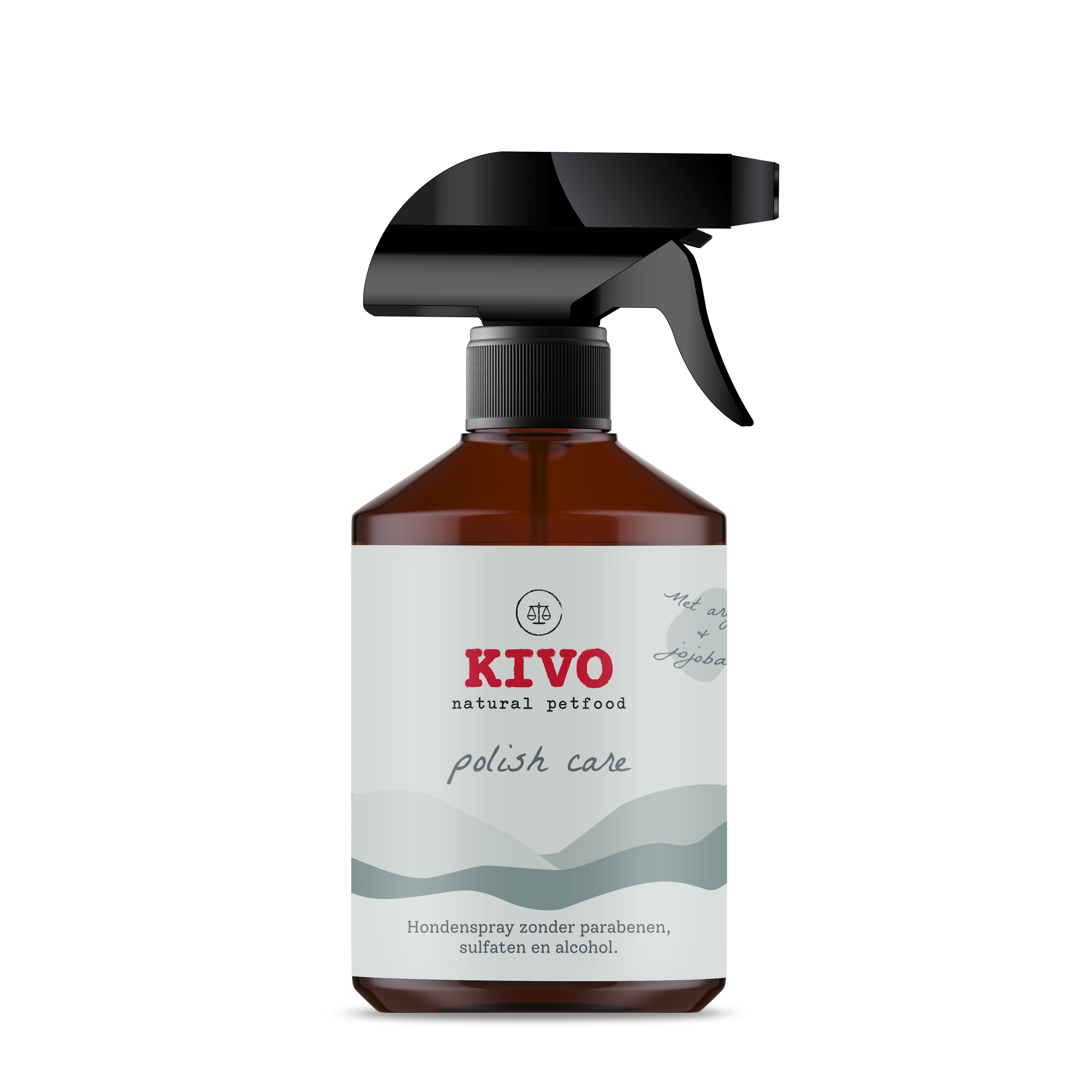 Kivo Doggyspray Polish Care 500 ml – vachtspray hond met argan en jojoba olie, blauwe fles met pomp op witte achtergrond