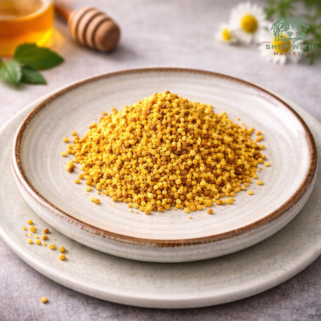 Bijenpollen op een keramisch schaaltje als botanische voedingsaanvulling voor honden