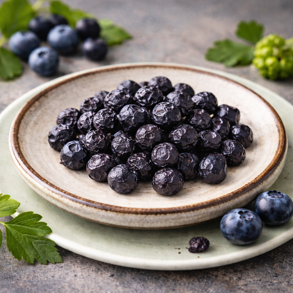 Gevriesdroogde blauwe bessen op een keramisch schaaltje als natuurlijke botanische topper voor honden