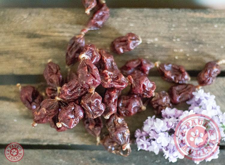 Paul & Paulina hondenpralines - Gedroogde kleine worstjes met Geit, Kokos, Cranberry en Rozenbottel - 200 gram