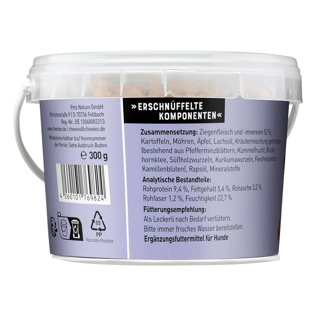 Chewies Training Bites Geit 300 gram – samenstelling en voedingswaarden achterkant