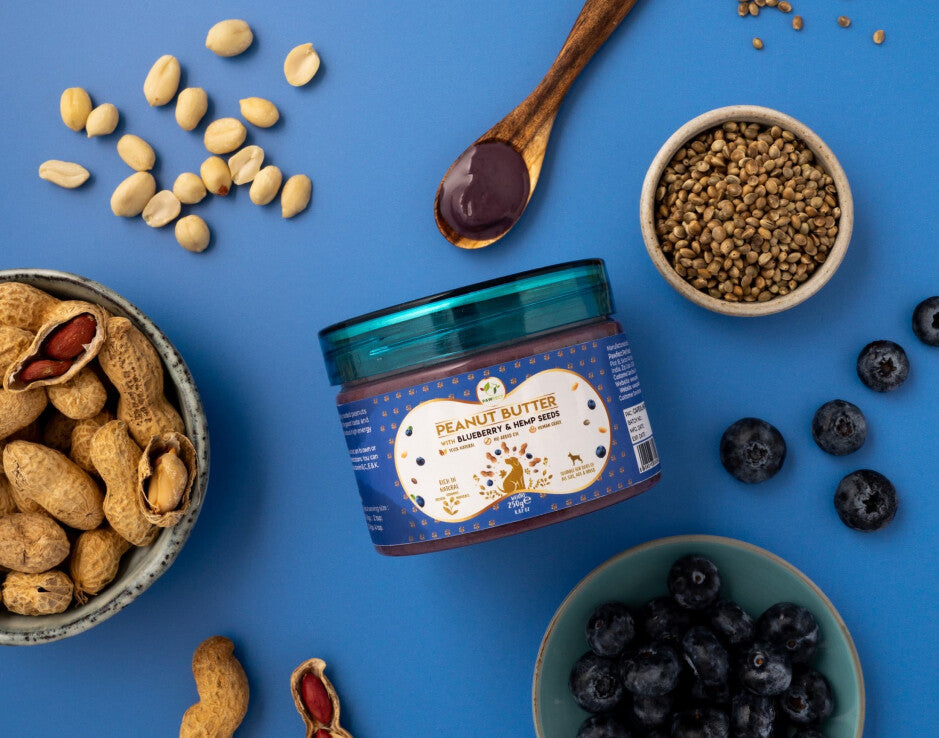 Hondenpindakaas met blauwe bessen van Pawfect, geschikt als topping of voor likmat