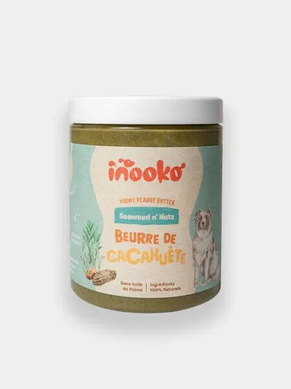 pot natuurlijke pindakaas voor honden met spirulina en kelp van inooko voor lickmat en kong vullen