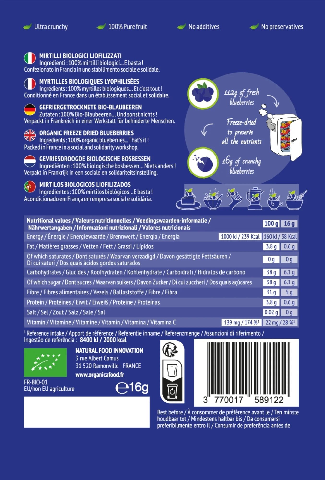 Organica gevriesdroogd fruit - Bosbessen (16gr) - Shop with Marley's