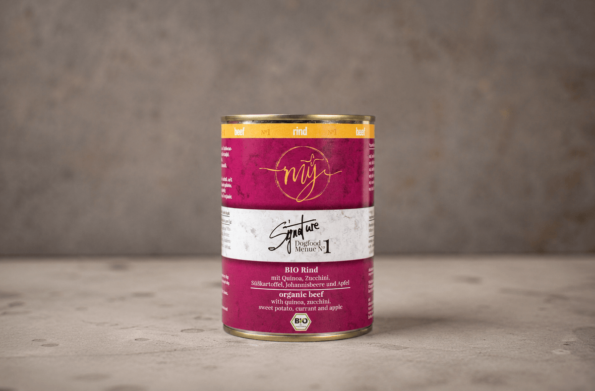 Paul & Paulina mÿ Signature - natuurlijke maaltijd voor honden - Bio Rund - met Quinoa, Courgette, Zoete aardappel, Appel & Zwarte bes (410 gram)