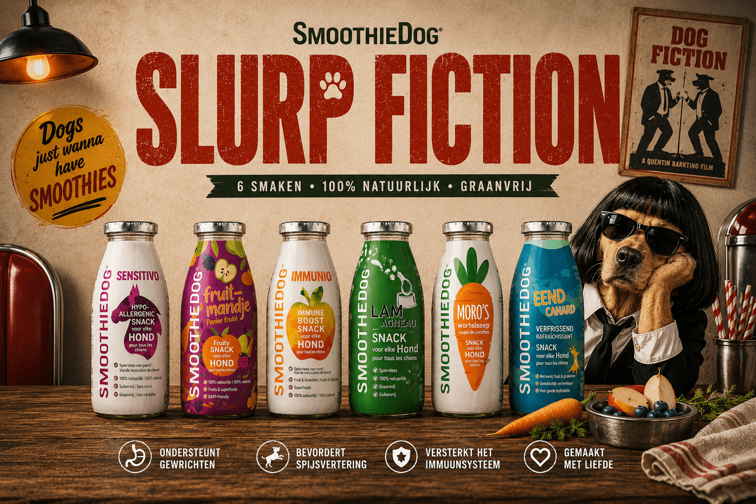 The Slurp Fiction box – 6 flesjes smoothiedog voor honden - Moro, Lam, Sensitivo, Immunio, Drinkpauze, Fruit - Shop with Marley's