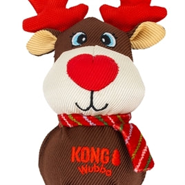 Detail van KONG Holiday Wubba Rendier met rood gewei, rode neus en geruite sjaal