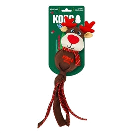 KONG Holiday Wubba Rendier met rode neus en lange speelstroken op de originele groene KONG-verpakking