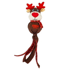 KONG Holiday Wubba Rendier Large met rood gewei, rode neus en lange bruine en geruite speelstroken