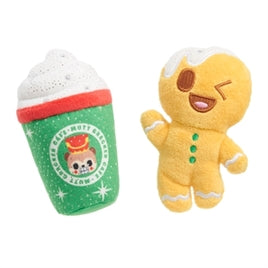 BARK Xmas Ginger Boy Brew: pluche peperkoekmannetje en groene kerstlatte, set van twee hondenspeeltjes XS/S
