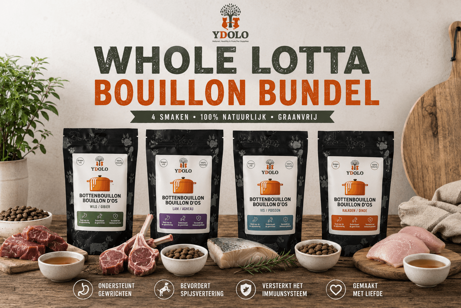 Whole Lotta Bouillon bundel - 4 zakjes YDOLO bottenbouillon - wild, lam, vis & kalkoen - Shop with Marley's